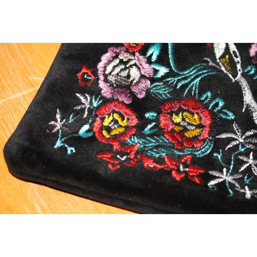 Black Embroidered Crossbody Bag Floral Bird Unbranded Adjustable Velvet Purse